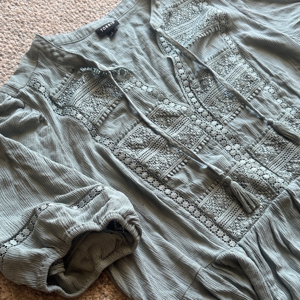 torrid sage green embroidered peasant blouse with tassel - Picture 3 of 4